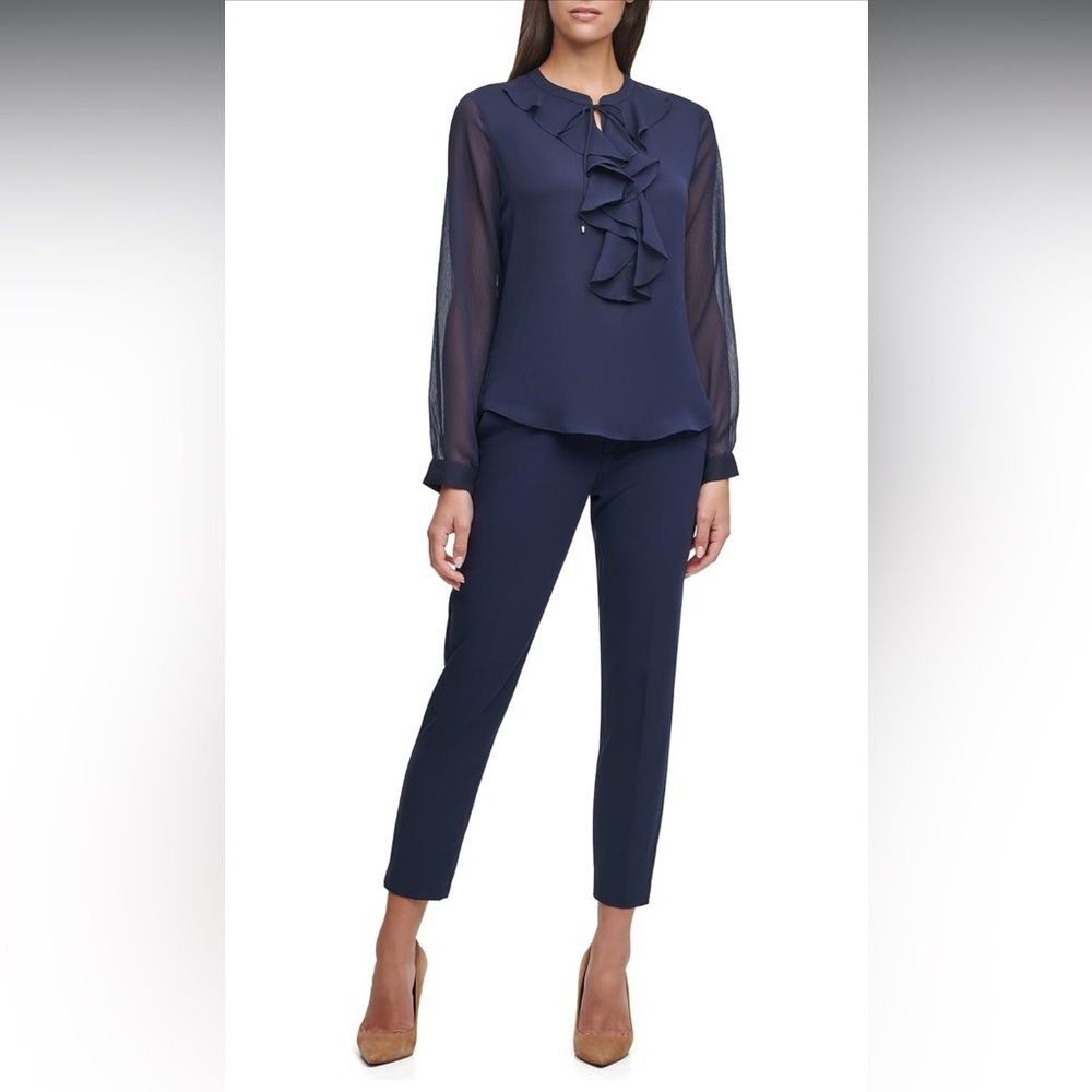 TOMMY HILFIGER Women's Classic Long Sleeve Ruffle Front Blouse Blouse - Midnight - Picture 8 of 11